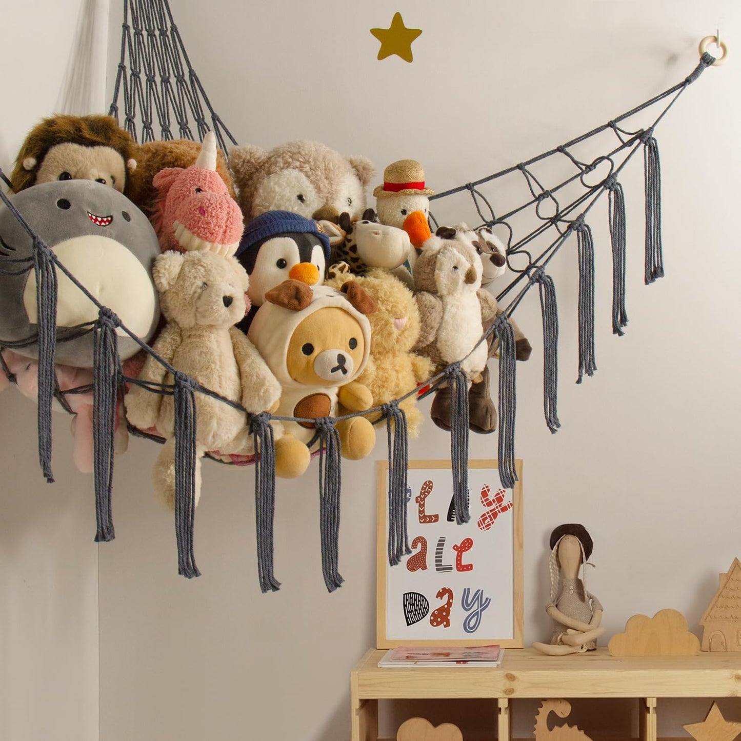 Mirolam Stuffed Animal Storage Hammock Net - Large Corner Organizer for Baby Nursery - Grey