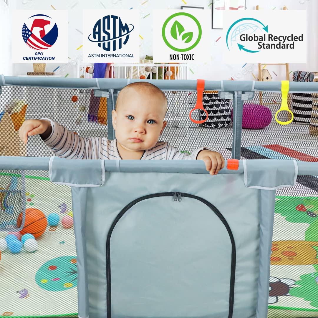 Skiennix Upgraded Playpen - Thick Foldable Mat, Balls, Rings, Storage Bag & Sports Nets | BPA-Free & Safe