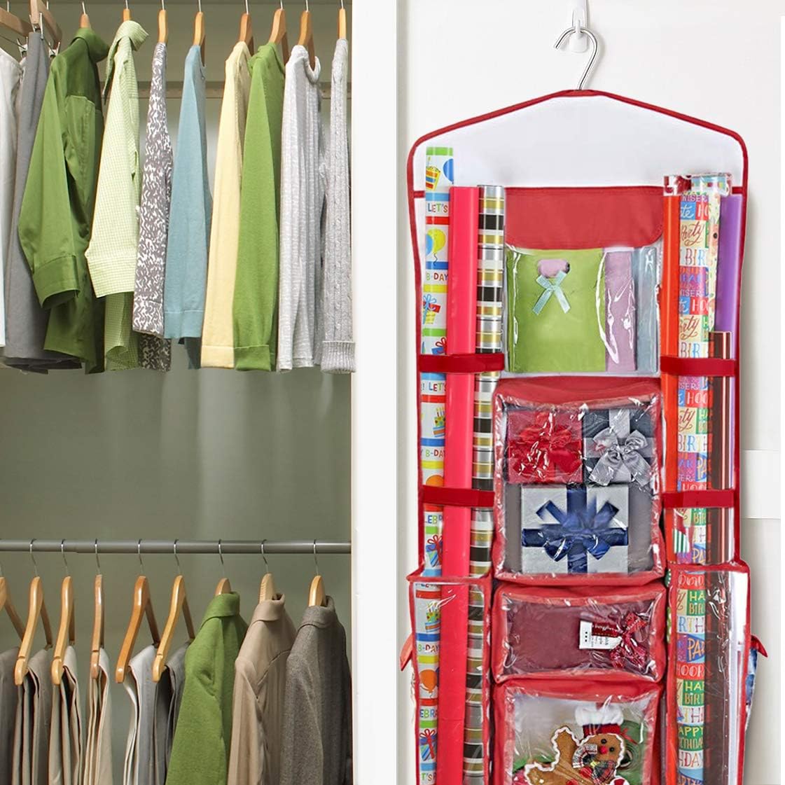 ProPik Wrapping Paper Storage Organizer - Double-Sided Design with Multiple Pockets | 40" x 17" Clear PVC Bag (Red)