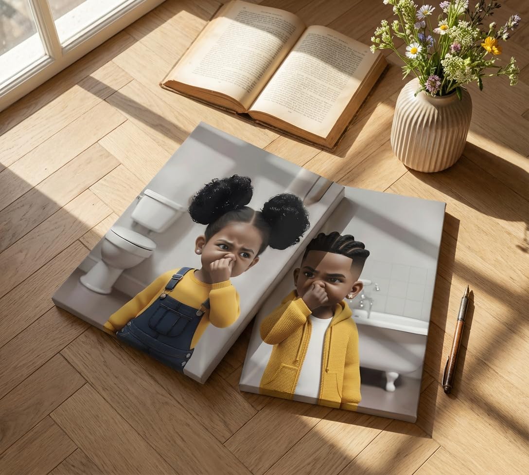 Regine Switzerland Funny Bathroom Canvas Wall Art - Cute Black Kids Stank Face Decor | 8x10in Prints