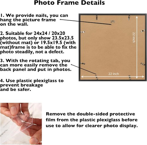 JCJMY 24x24 Picture Frame - Black Wall Hanging Frame with 20x20 Mat & Shatter Resistant Plexiglass
