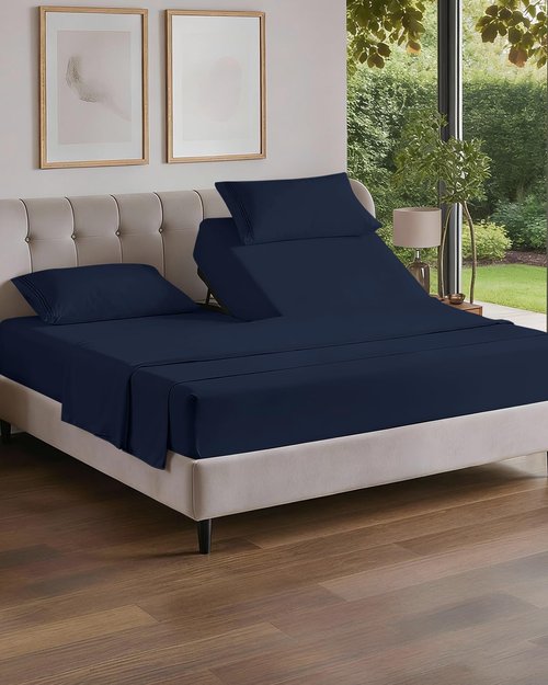 Flex Top Split Head King 4 Piece Sheet Set - Comfy Breathable & Cooling Bed Sheets Set - Hotel Luxury Bedding for Women, Men, Kids, Teens, Boys & Girls - Deep Pockets, Soft and Oeko-Tex - Navy Blue