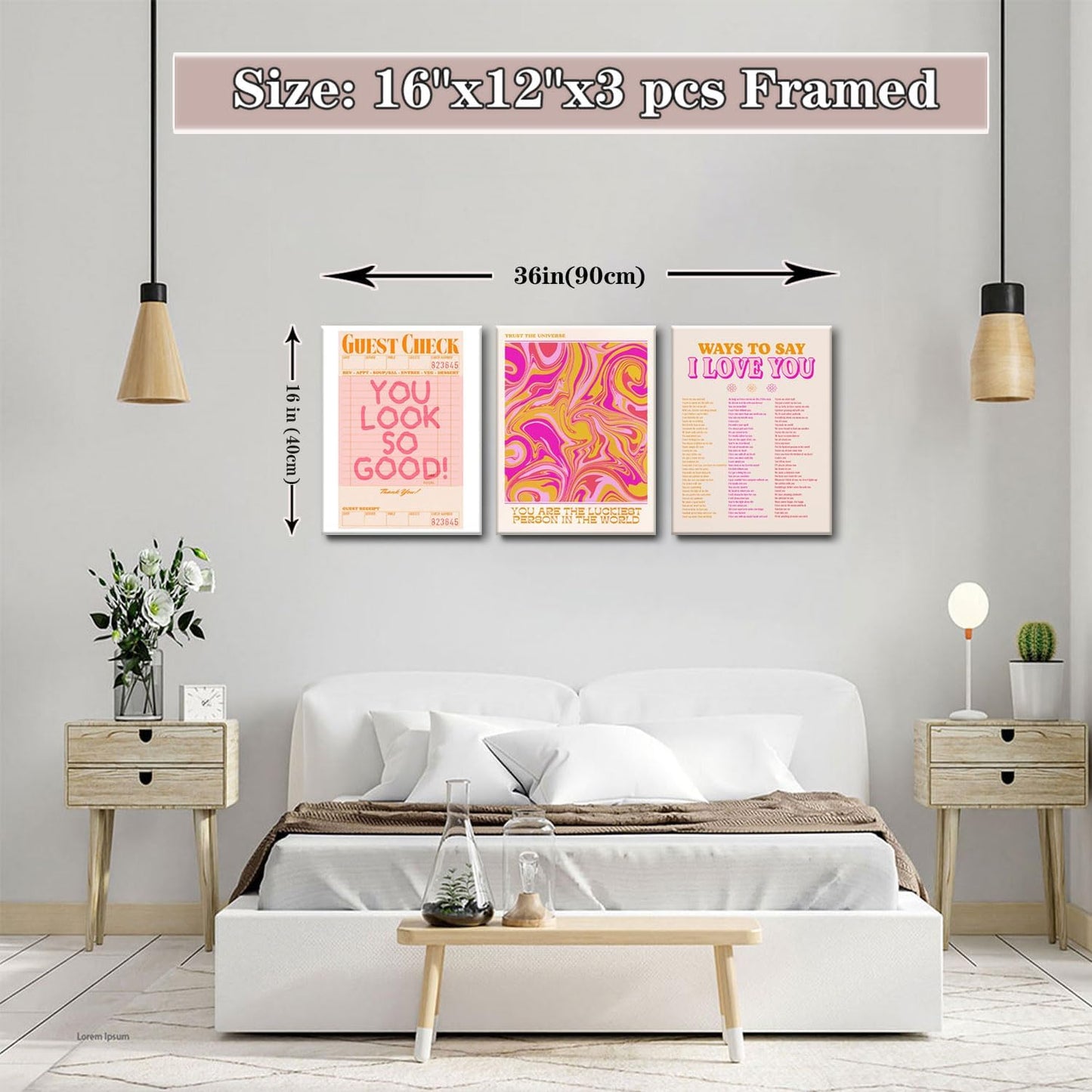 Pink Wall Decor - Abstract Canvas Art Set of 3 | Unique Love-Inspired Prints for Teen Girls | Framed 12x16''