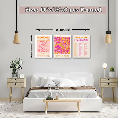 Pink Wall Decor - Abstract Canvas Art Set of 3 | Unique Love-Inspired Prints for Teen Girls | Framed 12x16''