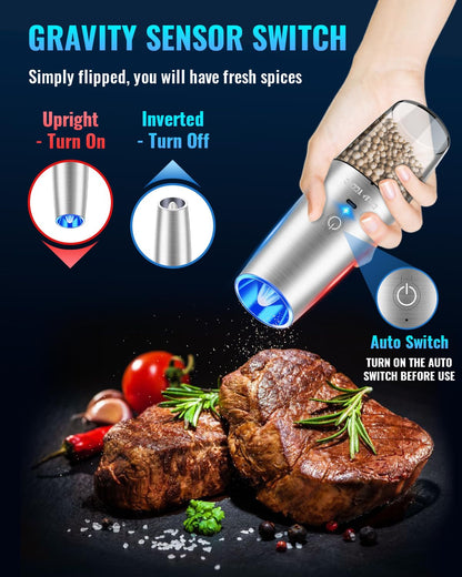 Rechargeable Electric Pepper and Salt Grinder Set, No Battery Needed, whit Gravity Sensing Switch and LED Light, One Hand Automatic Operation, Sliver 2 Pack