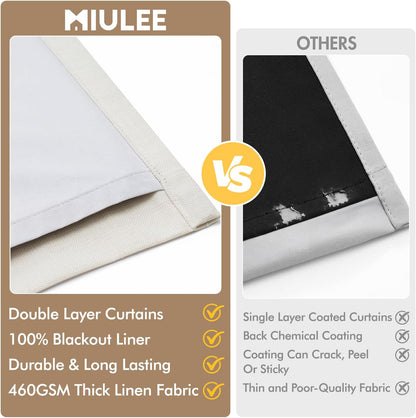 MIULEE 100% Blackout Curtains - 90-Inch Long, Thick Linen, Memory Trained Pleat - 4 Panel Set in Birch