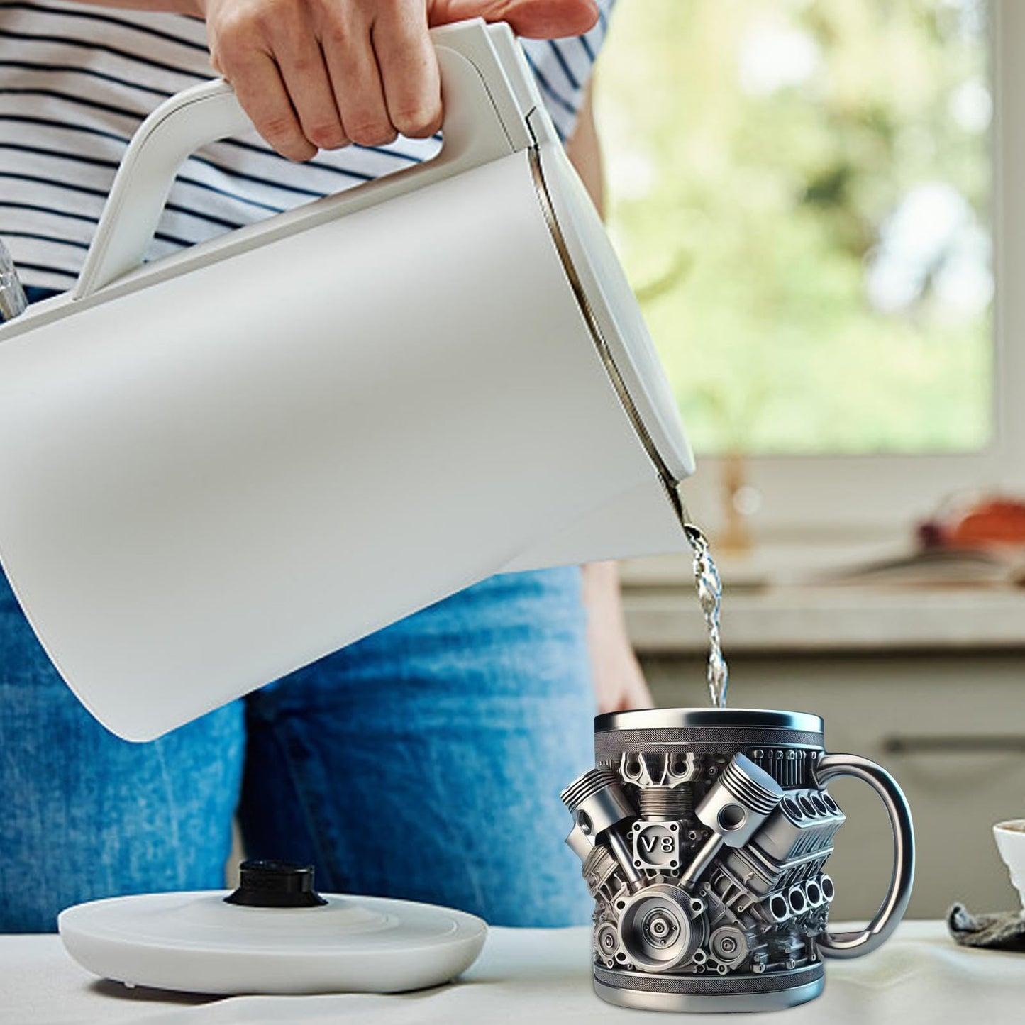 V6 V8 Engines Stainless Steel Cup, 2PCS V6 & V8 Engine Coffee Mug, Creative Car Engine Coffee Cup with Insulated Handle, 2025 Novelty Automobile Engine Coffee Mug, for Car Lovers Gift