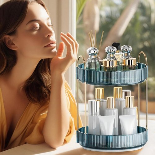 INVSSENE 360° Rotating Makeup Organizer - Large Capacity Vanity Shelf for Cosmetics & Skincare (Blue, 2 Tiers)