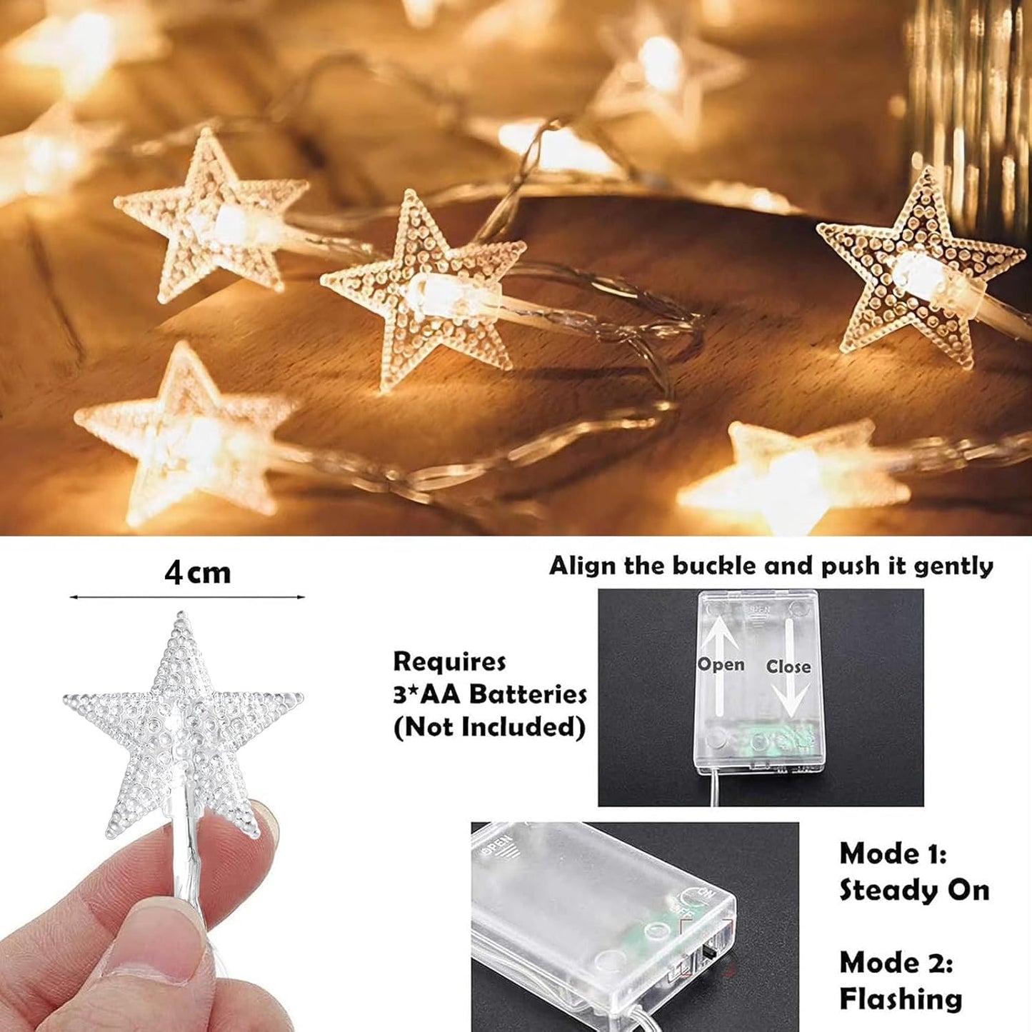 Star String Lights - 20 FT 40 LED Battery Operated Twinkle Lights | Warm White Star Fairy Lights for Home, Bedroom, and Outdoor Decor