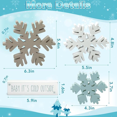 KORMMCO Christmas Snowflake Decor - White Wooden Table Signs | Winter Tiered Tray Decorations (4 Pieces)