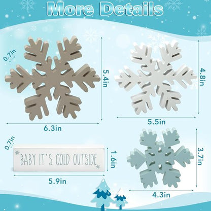 KORMMCO Christmas Snowflake Decor - White Wooden Table Signs | Winter Tiered Tray Decorations (4 Pieces)