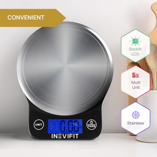 INEVIFIT Digital Kitchen Scale - Accurate Multifunction Food Scale Up to 13 lbs | Sleek Black with Stainless Steel Finish