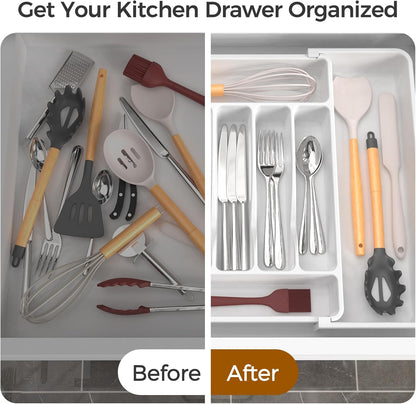 Ukeetap Extra Large Expandable Silverware Organizer - BPA-Free Cutlery Holder for Kitchen Drawers | Adjustable White Design