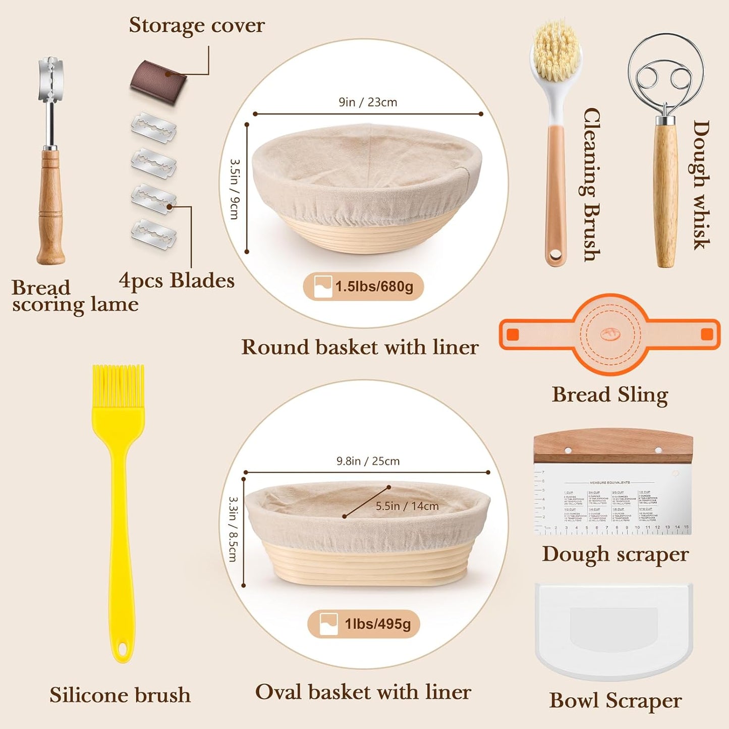 TeamFar Sourdough Bread Baking Kit - 9” Round & 10” Oval Proofing Baskets with Cloth Liner & Tools