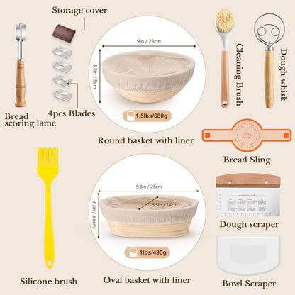 TeamFar Sourdough Bread Baking Kit - 9” Round & 10” Oval Proofing Baskets with Cloth Liner & Tools