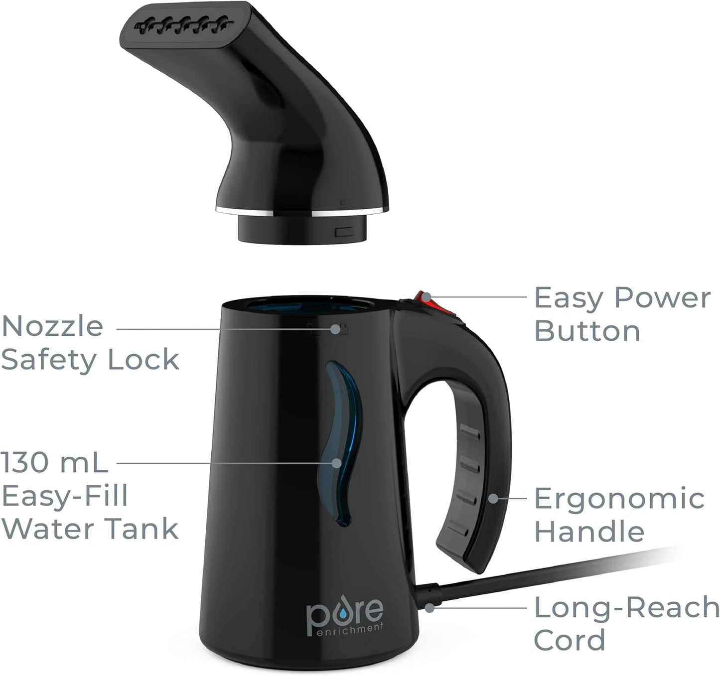 Pure Enrichment Portable Fabric Steamer - Handheld Travel Steamer for Wrinkle Removal | Fast-Heating, Lightweight, Auto Shut-Off (Black)