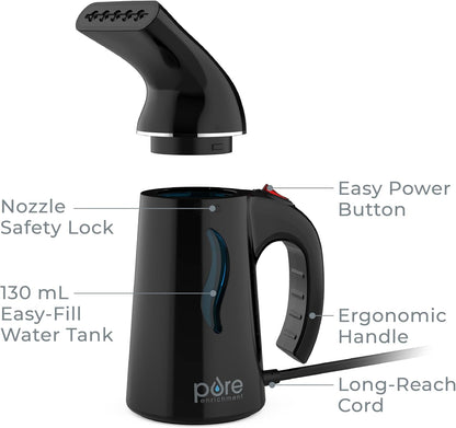 Pure Enrichment Portable Fabric Steamer - Handheld Travel Steamer for Wrinkle Removal | Fast-Heating, Lightweight, Auto Shut-Off (Black)