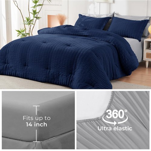 HYMOKEGE Navy Blue/Light Grey California King Comforter Set Seersucker 7 Pieces, All Season Luxury Bed in a Bag for Bedroom, Bedding Set with Comforter, Sheets, Pillowcases & Shams