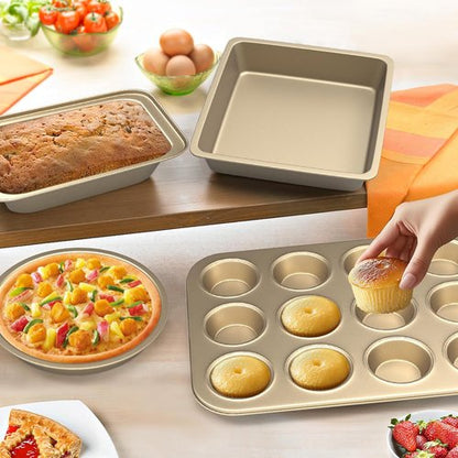 CasaCulina Nonstick Baking Pans Set - 5-Piece Bakeware with Round/Square Cake Pan & Muffin Tray | Gold