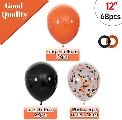 68Pcs Black and Orange Balloons | 12-Inch Latex Set with Confetti Ribbons for Halloween & Graduation Decor