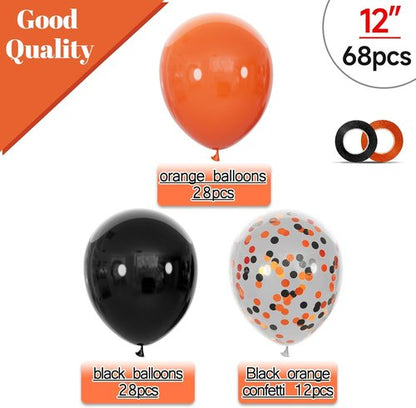 68Pcs Black and Orange Balloons | 12-Inch Latex Set with Confetti Ribbons for Halloween & Graduation Decor