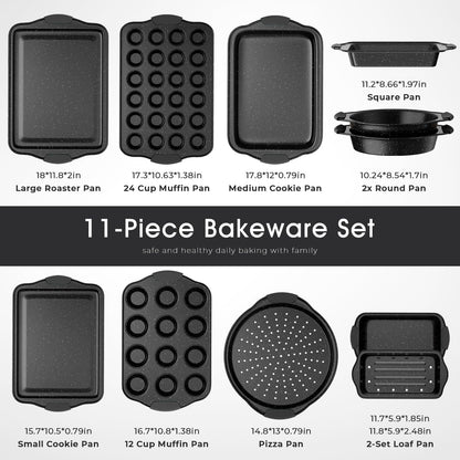 Skiennix 11-Piece Nonstick Baking Pan Set - Stackable Bakeware with Silicone Handles | Black