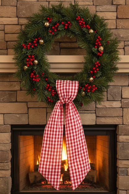 Regine Switzerland Wreath Sash 2-Pack - Red White Checkered Plaid Bow Ribbon Bundle for Holiday Decor (5.12" x 54.33")