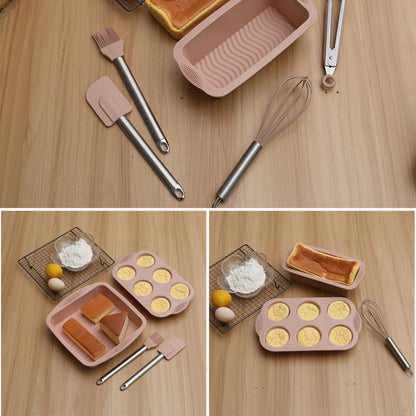Skiennix 10-in-1 Nonstick Silicone Baking Set - BPA Free Heat Resistant Molds for Muffins, Loaves & More (Pink)