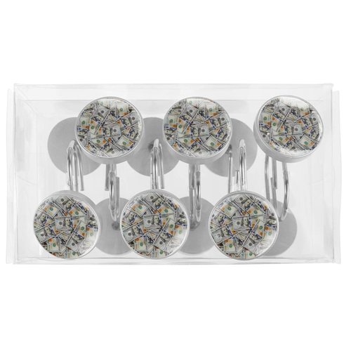 LRCCJS Money Design Shower Curtain Hooks - 12 Pack Decorative Dollar Bill Print Bathroom Curtain Rings, ABS Resin Anti-Rust Hook Set for Standard Rods