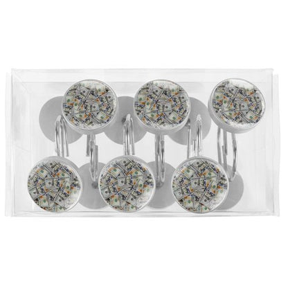 LRCCJS Money Design Shower Curtain Hooks - 12 Pack Decorative Dollar Bill Print Bathroom Curtain Rings, ABS Resin Anti-Rust Hook Set for Standard Rods
