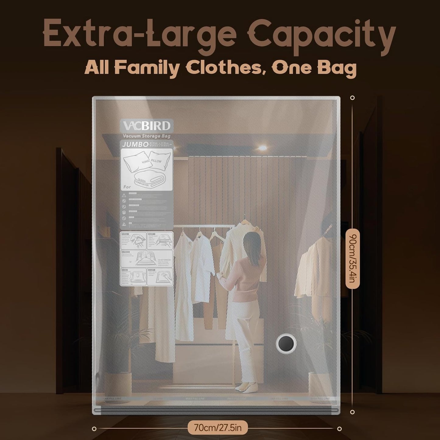 Vacbird Vacuum Bags - Travel Compression Packing Bags with Rechargeable Air Pump | Jumbo Size for Luggage
