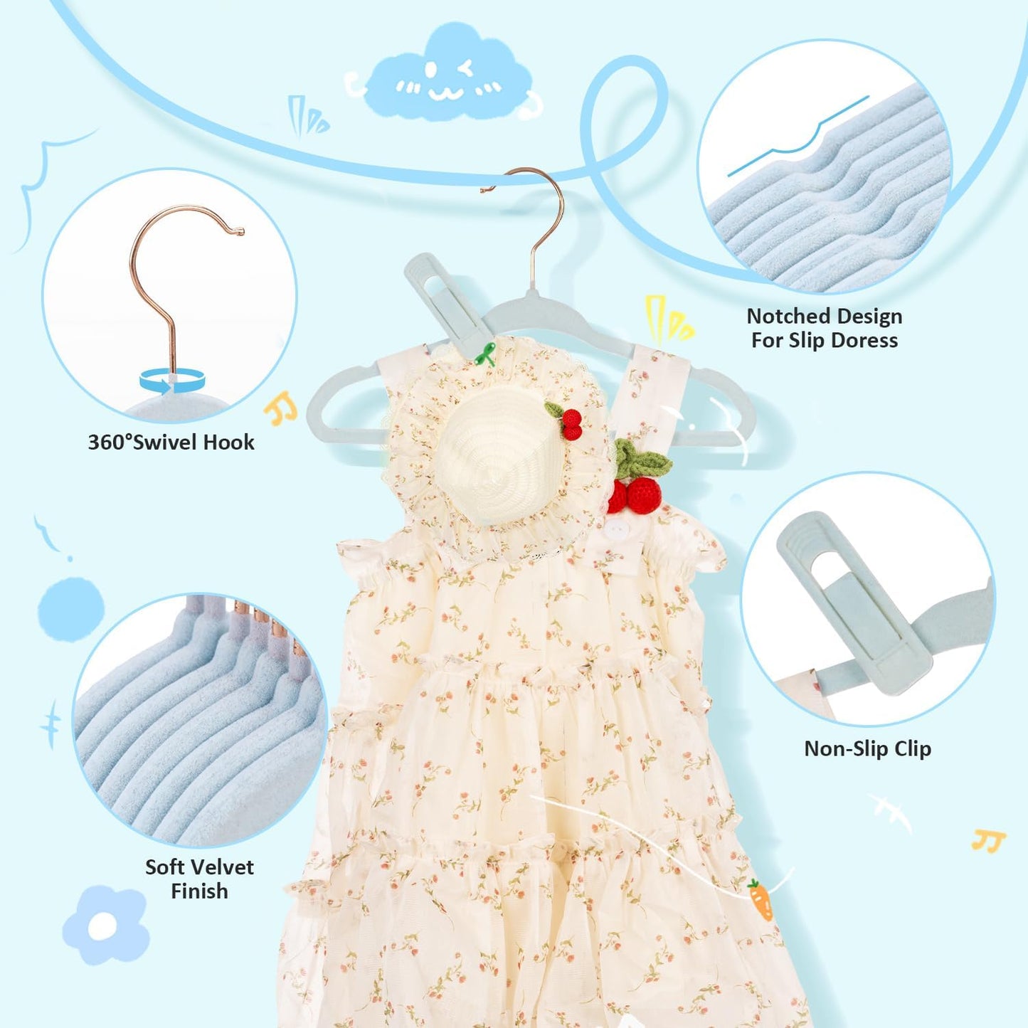 Tonswachic 30-Pack Baby Closet Hangers - Soft Velvet Non-Slip Design for Infant & Toddler Clothes | Blue