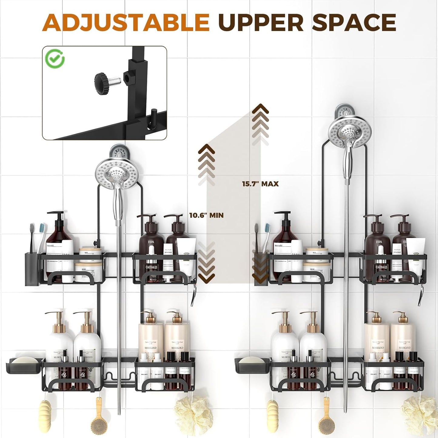 Reinhardt Adjustable Shower Caddy - Rustproof Organizer with Hooks & Soap Holder | Black