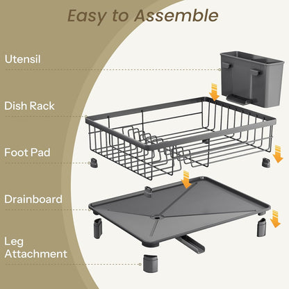 SNTD Dish Drying Rack - Stainless Steel Kitchen Counter Rack with Utensil Holder | 11" W x 15" L (Grey)
