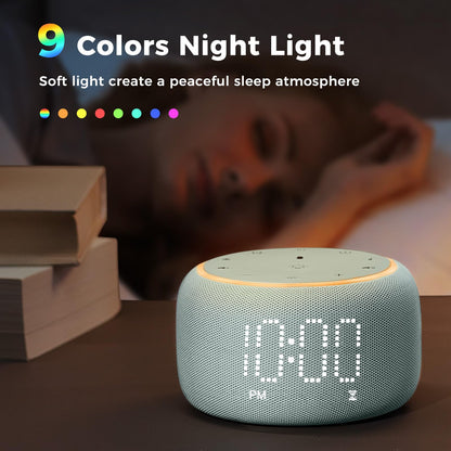 White Noise Machine Alarm Clock for Bedrooms - 5W Stereo Bluetooth Speaker - 24 Soothing Sounds - 9 Night Lights - Auto-Dimmable Digital Alarm Clock Sound Machine for Sleeping