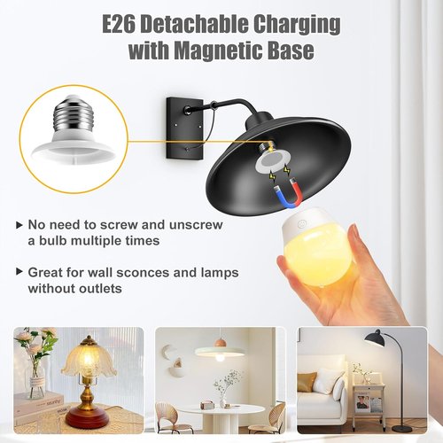 Brightown E26 Rechargeable Light Bulb - Remote Timer & 3 Color Temperatures | Battery Backup for Sconces & Lamps, 700LM