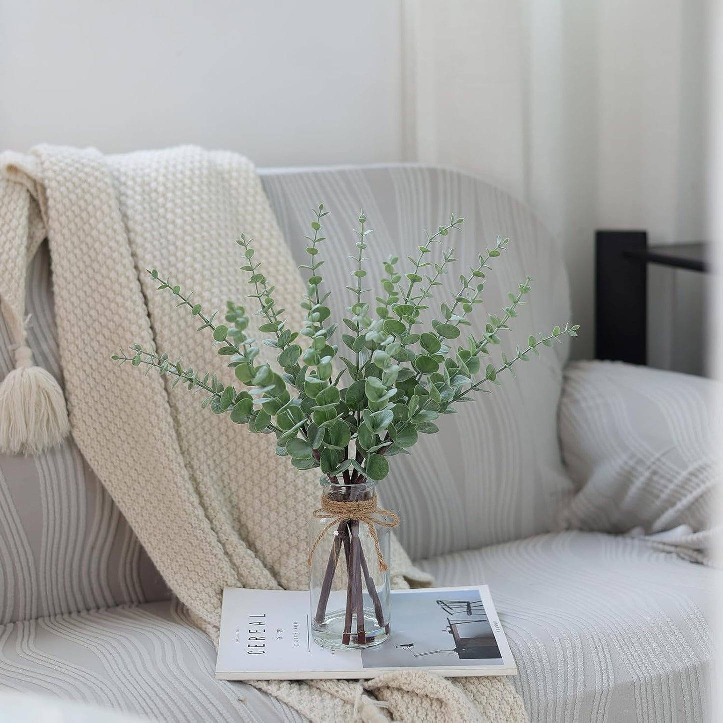 VIERENA Eucalyptus Stems - 17.5" Artificial Plant in Glass Vase with Faux Water | Sage Green Centerpiece Decor