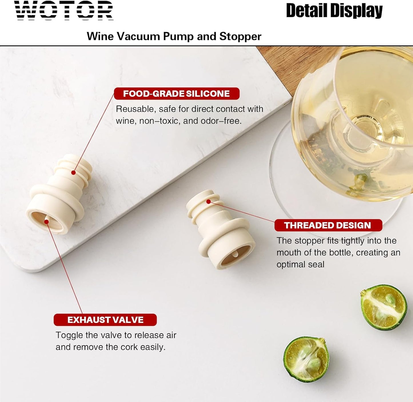 WOTOR Wine Stoppers Vacuum, Wine Saver, Wine Pump Vacuum Stoppers, Wine Preserver, Reusable Bottle Sealer Keeps Wine Fresh (Cream, 24 Pieces)