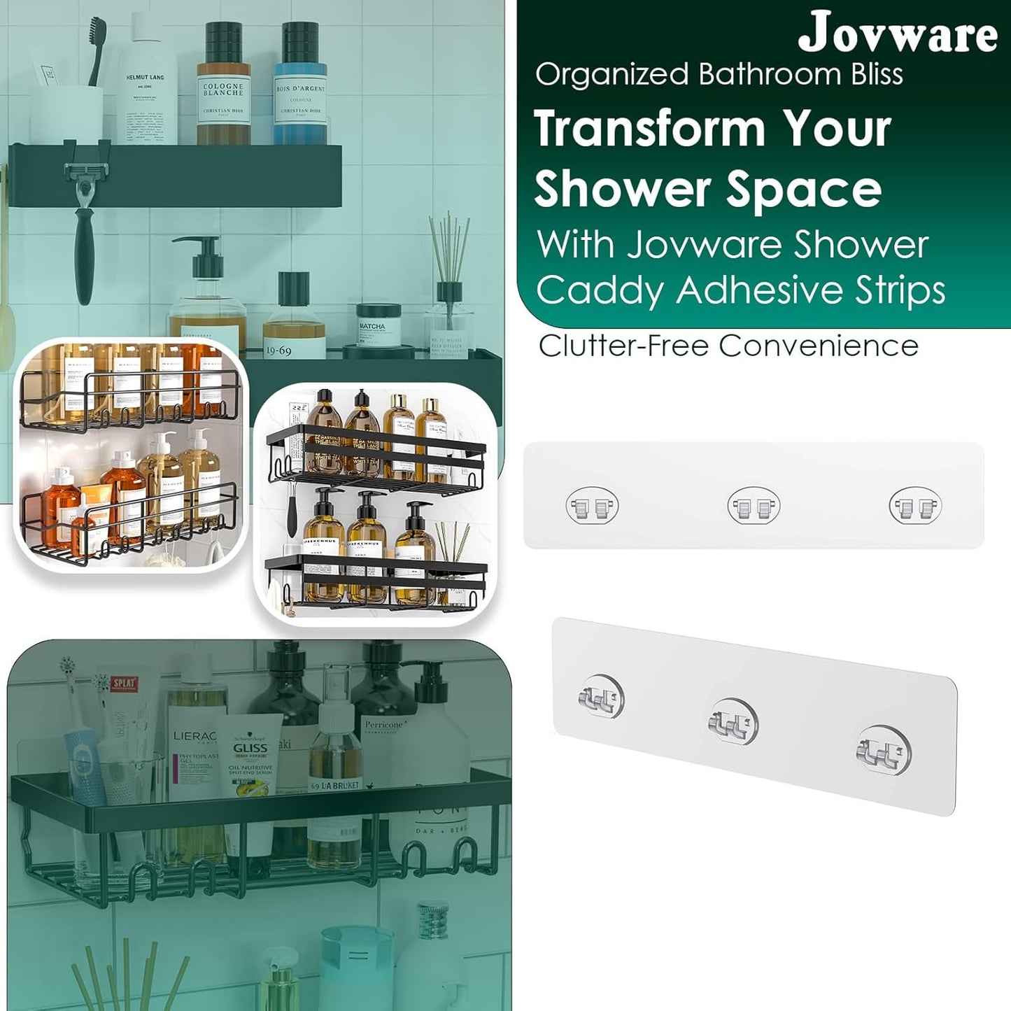 Skiennix Shower Caddy Adhesive Replacement Stickers - Strong Suction Hooks for Bathroom Storage | Large Transparent Design, 3 Hooks