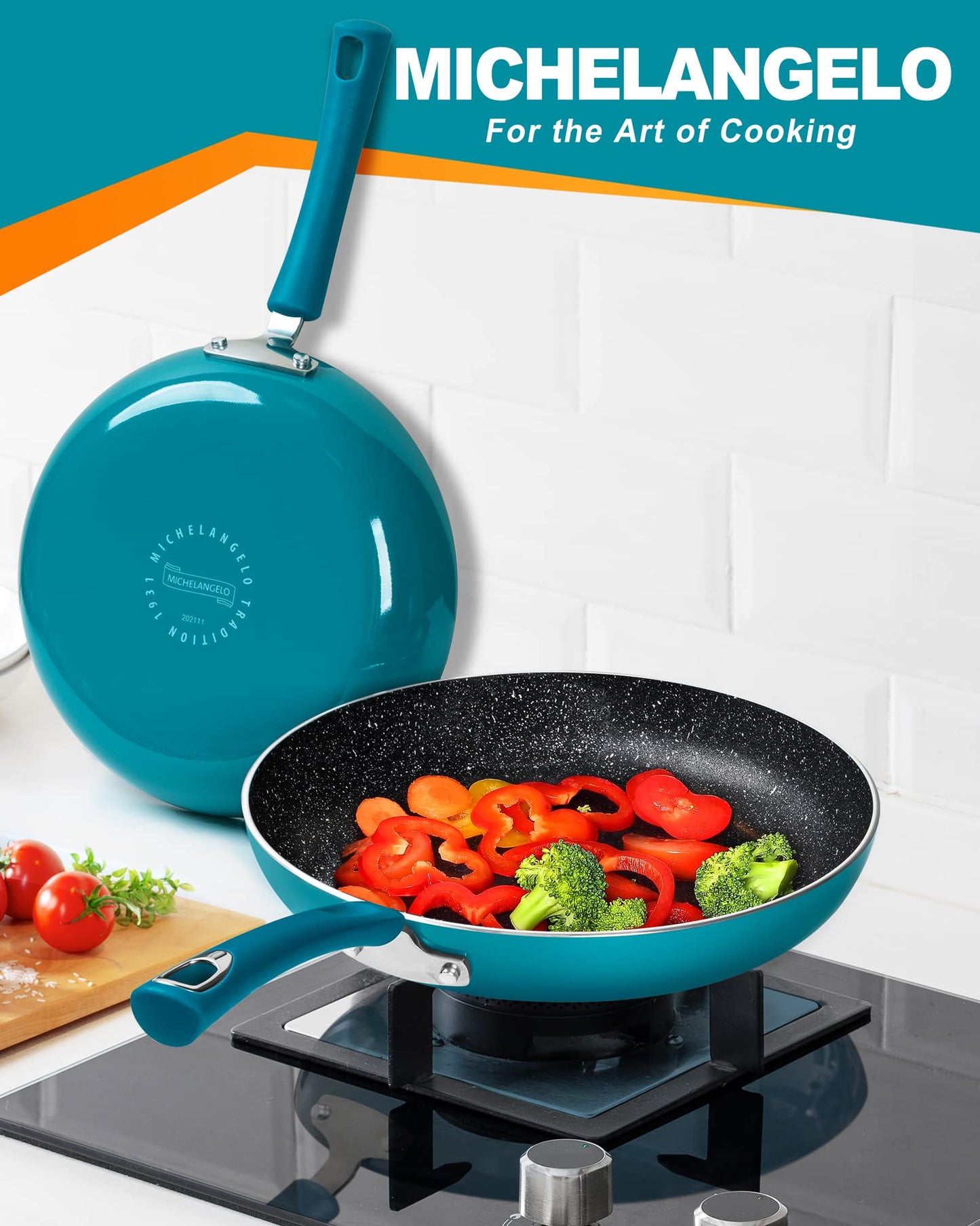 MICHELANGELO Nonstick Frying Pan with Lid, Enameled 10 Inch Frying Pan Non Stick Fry Pan with Silicone Handle, Non-Toxic Skillet with Granite Interior, Cyan