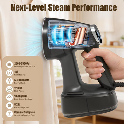 Vacuum Steamer for Clothes Handheld: 2500–3500Pa Adjustable Suction, No Leak & Stable Steam, Steaming & Ironing Portable Travel Garment Steamer, 400ml Tank, 4 Modes, 15s Heat-Up, 110-120V