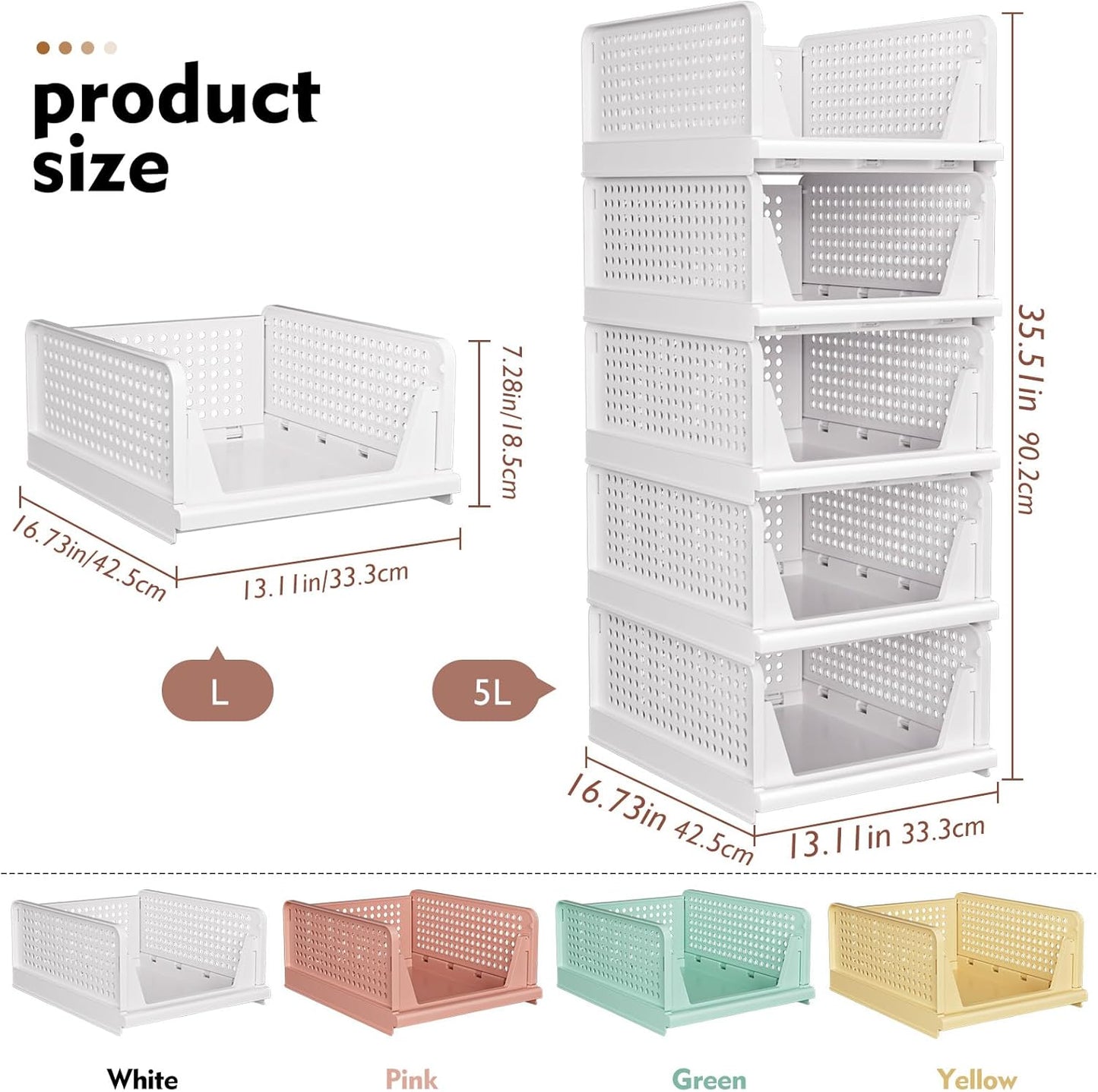 SNSLXH Stackable Closet Storage Baskets - Multifunctional & Foldable Organizer for Bathroom, Kitchen, Laundry | White, 5 Pack