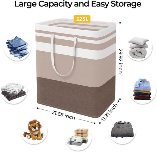 HomeHacks Large Waterproof Laundry Basket - Collapsible Freestanding Hamper with Extended Handles | 125L, Brown