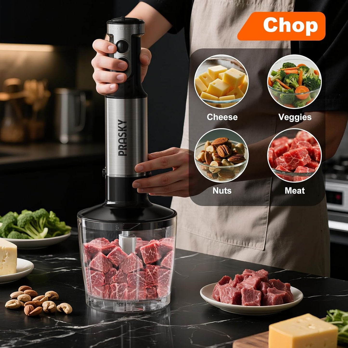 Skiennix Immersion Blender - 20-Speed Handheld Blender with Turbo Mode & Stainless Steel Blades | 600ml Beaker, 500ml Chopper (Silver)