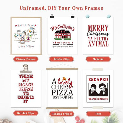 Home Alone | Christmas Decorations Set - Funny Holiday Posters for Bathroom & Bedroom Decor | 8x10 Inch Unframed Art Prints