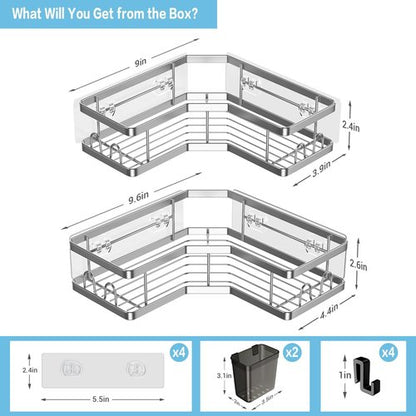 AKTECKE Corner Shower Caddy - 2 Pack Adhesive Bathroom Organizer with No-Drill Stainless Steel Rack & Hooks