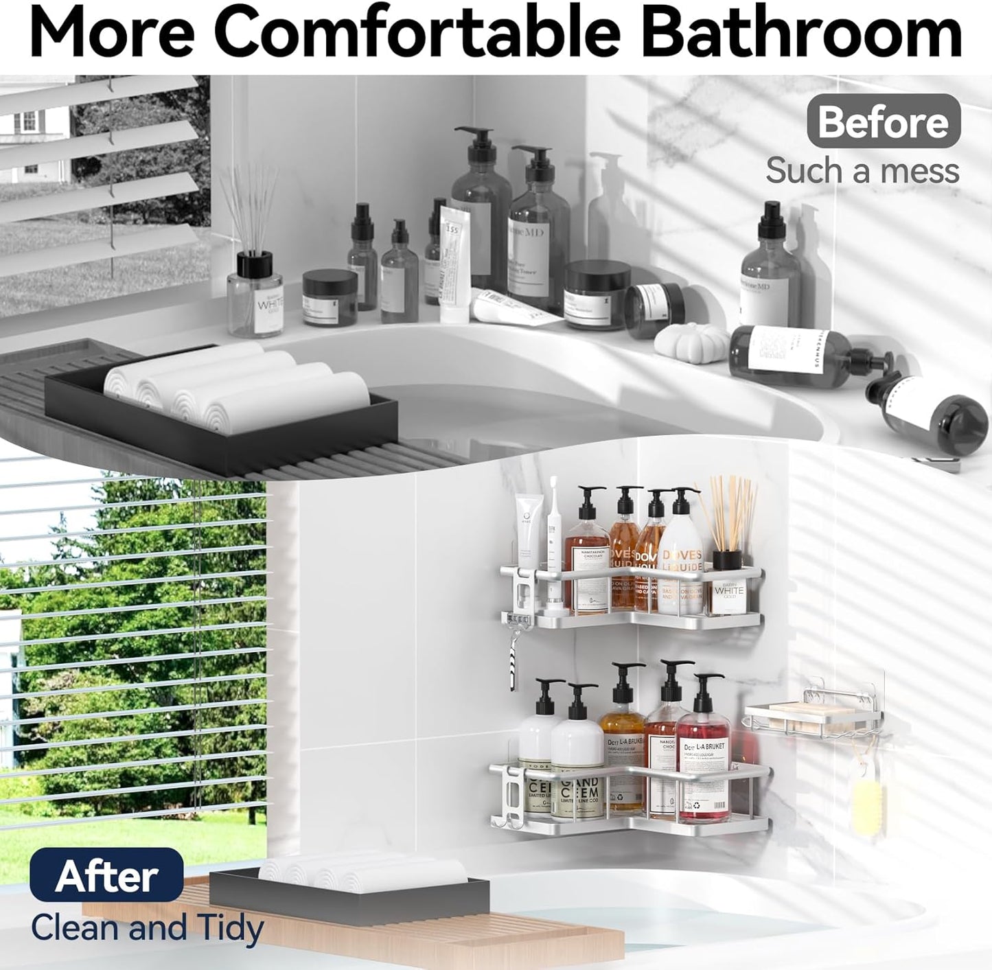 YASONIC Corner Shower Caddy Organizer - Rustproof Bath Shelves with Soap Holder & 4 Hooks | Large Capacity, Silver (3-Pack)