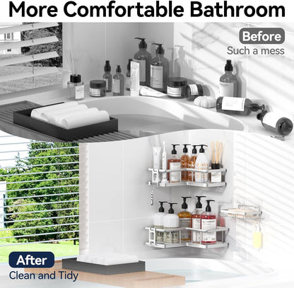 YASONIC Corner Shower Caddy Organizer - Rustproof Bath Shelves with Soap Holder & 4 Hooks | Large Capacity, Silver (3-Pack)