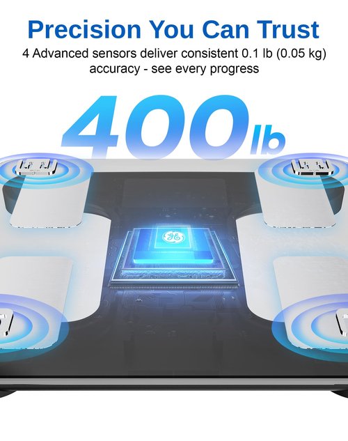 GE Smart Scale for Body Weight: BMI Body Fat Digital Bathroom Scales, 13 Body Composition Monitor Health Analyzer for Home Gym, Bluetooth App Sync, Accurate 400lb Weighing, Black 11inch