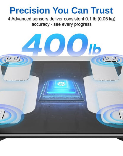 GE Smart Scale for Body Weight: BMI Body Fat Digital Bathroom Scales, 13 Body Composition Monitor Health Analyzer for Home Gym, Bluetooth App Sync, Accurate 400lb Weighing, Black 11inch